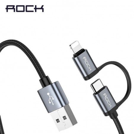 ROCK USB A To USB-C +Lightning 2 in 1 Metal Charge & Sync Round Cable